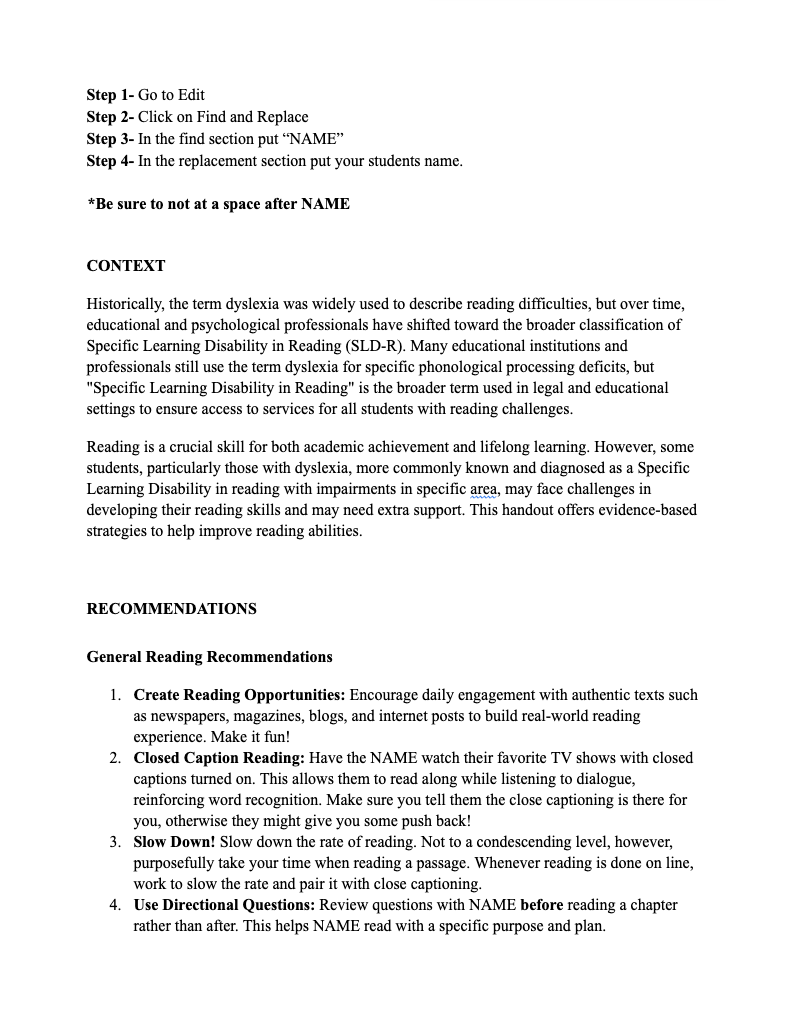 Ed Psych Recomendations for supporting Reading LD's -Template